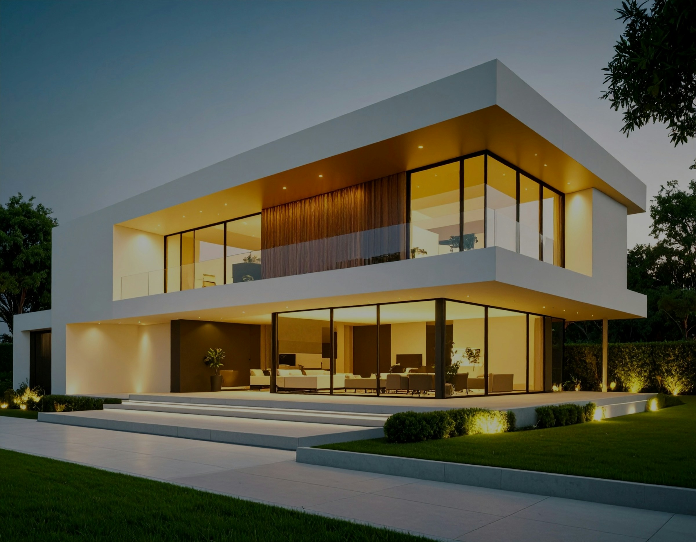 Contemporary home with warm illuminated interiors at dusk
